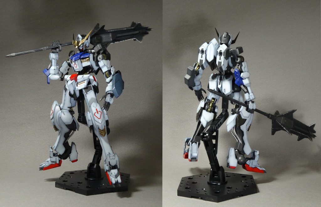 第1形態。左腕のパーツは部品注文で入手しました。装甲は前腕中央に合わせ目が来るので、後ハメ加工するためにこちらも部品注文で腕のフレームをもう1セット用意して加工しました。その為、HGのバルバトスのように腕は丸ごと付け替えるようにし、換装が容易になりました。