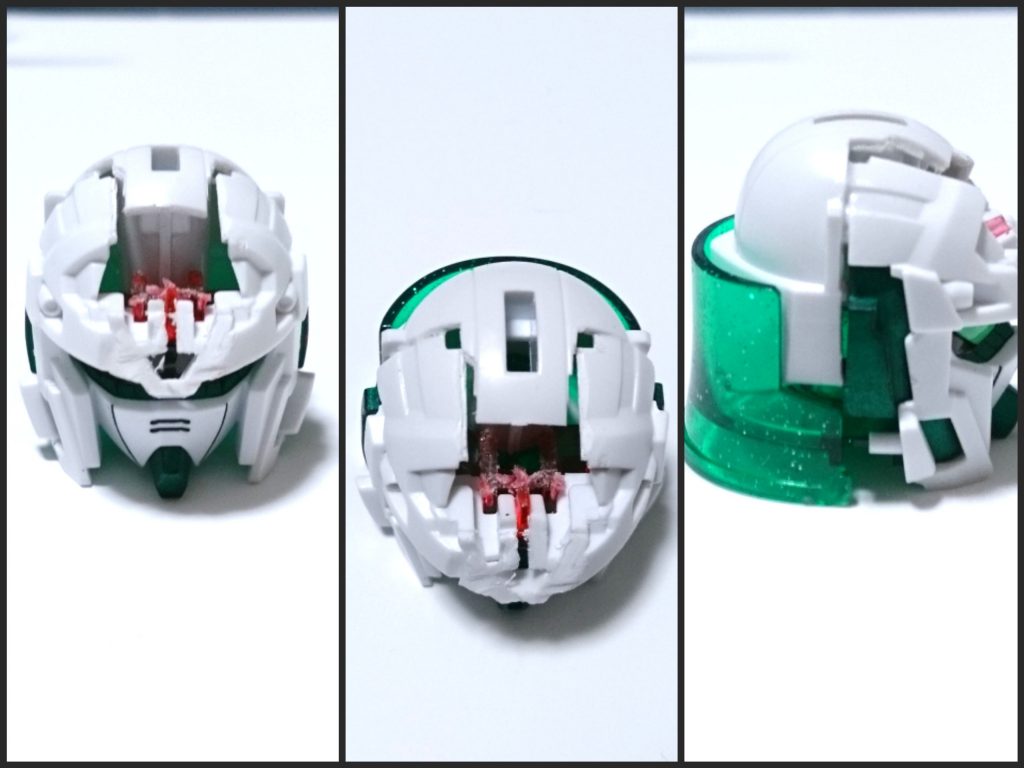 [顔パーツ移植]
EXスタンダードの前半分と元の顔パーツの後ろ半分を接着しました。兜の凸部分を差せるよう調節しました。