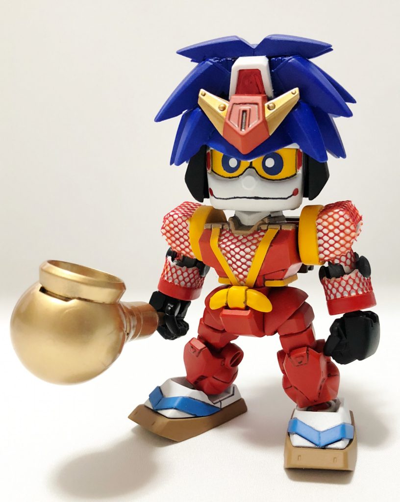 ゴエモンと言えば顔が特徴的だと思い、ネオジム磁石でマスクオフ出来るようにし、原作のゴエモンに近い顔に出来るようにしました。