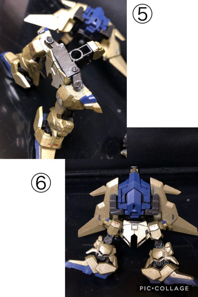 ⑤ 脚の付け根を外側へ移動する。
実際には腰を外す必要はありませんが、こんな感じで腰を外側へ移動するギミックを入れてあります。
元々のキットで、ここ以外の可変は出来るので、この改造はオススメです！それだけで完全変形！

⑥ ウイングを全て展開する。