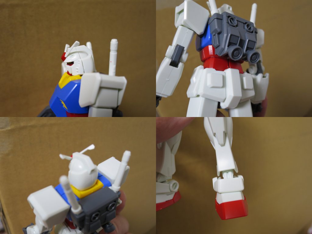 ただ色々とHGUCと比較すると…な所が散見されます。
写真左上から右下にかけて
・肩の付け根が固定。
・背中側のヘリウムコアが白、ランドセルのバーニアがワンパーツ。
・ビームサーベルが一体式。(ランドセルの中でつながっている)
・すね、足首のメカ露出部分が驚きの白さ。
が作っててうわっ!となった箇所ですね。
後、腰の真ん中の赤い部分が黄色のワンパーツ(厳密にはフロントのヘリウムコアと一体)になっていて、それを赤いシール貼り付けて補う様にしている仕様なのですが、私は赤マーカーでサクッと塗れたのでそれほど気になりませんでした。
一言で言うとFGシリーズの集大成です。
可動域は1世代のファーストシリーズ(ガンダム白一色、ザク緑一色の旧キットオマージュ)の可動を実現させ、色分けは2世代(シード、AGEの大胆なパーツわけ)のそれになっているのです。
上手くそれぞれの世代であった不満点を昇華していると思います。