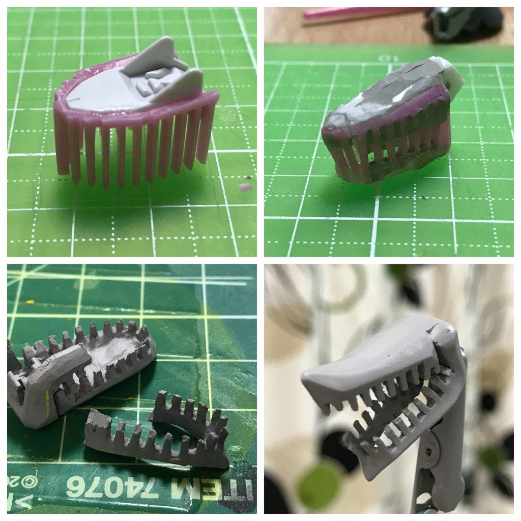 最後に頭部。
100均のクシを削って削って…壊れて…くっつけて削って…壊れて…ああぁ…

しかし「騎士のバイザーを上下に開いたら、ビーストのクチみたいじゃね？」という思いつきがこの機体の発端だったので、ここをハズすわけにはいかなかったのです。

というわけで、
最後までご覧くださりありがとうございました！