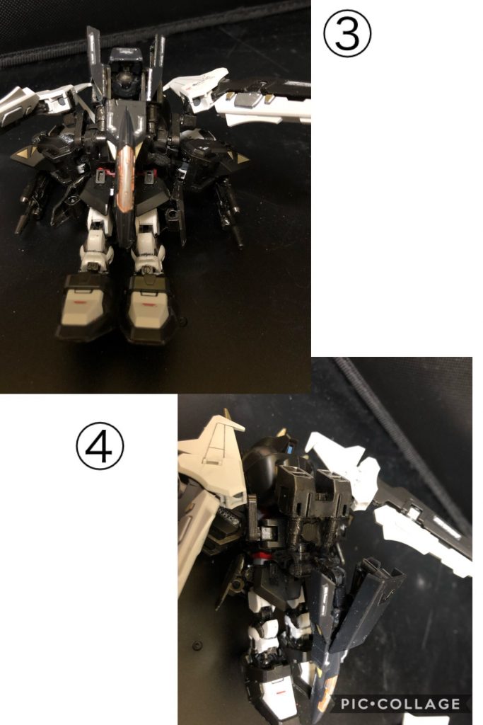 ③ 腕を収納形態にする。ライフルは持ったまま。

④ 背部の可変ユニットを展開する。