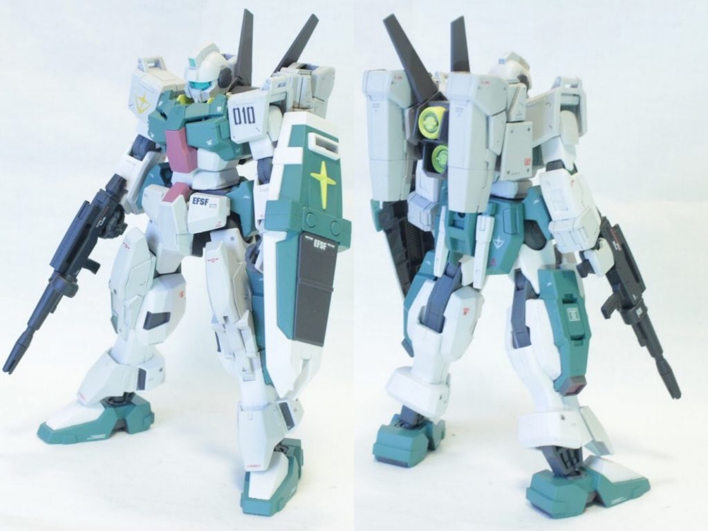 ## 前後写真
「ぱっと見ジムに見えるけどよく見るとやべーやつ」をテーマに制作しました。もともと普通にサバーニャを改造するつもりだったんですが遊びでジャンクの陸ジム頭を乗せてみたらやたらと似合ってたもので…。