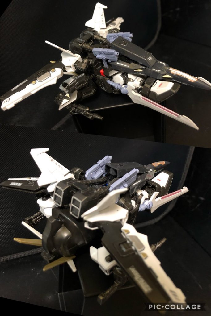 oyz「特筆すべきは、これまでのSD可変機構と違い、顔を取り外す必要がない事だな。これにより、可変機からMS形態に戻った場合に“ザクヘッド”になっていたりする事が無くなった。」
スウェン「了解...ちょっと意味がわからないが。確認しておく。」
oyz「ちなみに飛行形態をノアール・ストライカーと呼ぶ。」
スウェン「......。バックパックと同じ名前か...。」
oyz「え？同じ？？」
スウェン「同じ名だ。」
oyz「え？あ....、え！？い、いや、もちろん知ってたさ！」


では、変形シークエンスの説明といこう！、