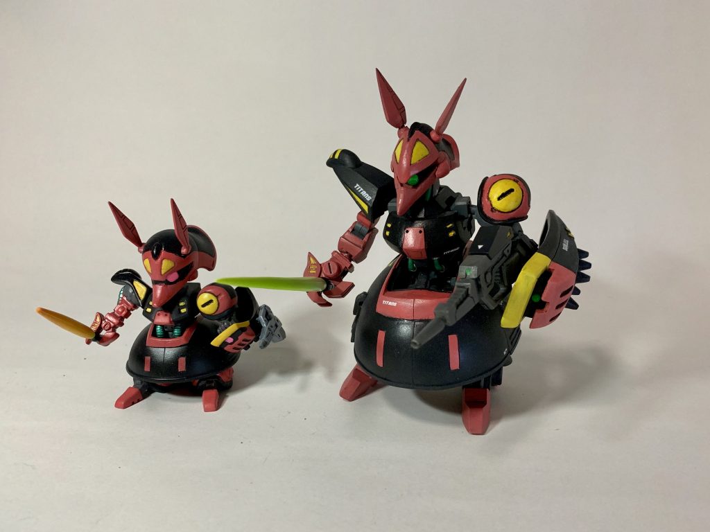 最後にBB戦士バウンドドックと一緒に。今までの武器等の小物スクラッチではなく、本格的なスクラッチ製作となりました。当初、思い描いていたのとは程遠い仕上がりですが、なんとか完成させる事ができました。塗装も工作も荒だらけなので、次はもっと綺麗にできるようにしたいです!最後までご覧いただきありがとうございました!