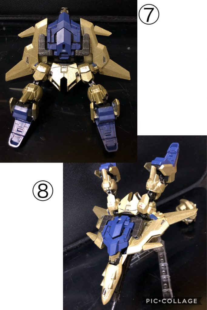 ⑦ 脚の位置を整え、つま先をあげる。

⑧ シールド、ビームライフルを機体下部へ装着する。上部にメガバズーカランチャーを設置も出来る。もちろんメガバズーカランチャーはスクラッチ。簡単な可変機構を組んであるので、射撃形態と携帯形態？になります。