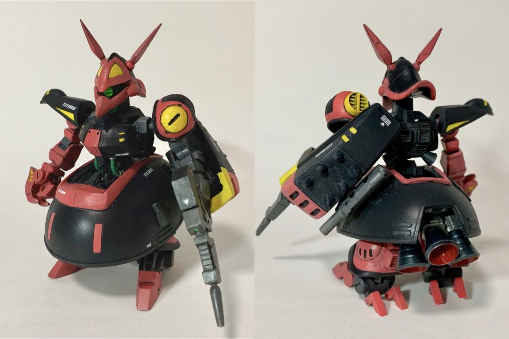 フロント&リア今回も塗装はアクリジョンを使用しています。スミ入れ、ウォッシングにクレオスのウェザリングカラー、フレーム部などはタミヤのウェザリングマスターで軽くメタリック(ライトガンメタル)のウェザリングをしています。ガンダムデカールの「機動戦士Zガンダム/機動戦士ガンダムZZ汎用」からティターンズのロゴなどを貼っています。