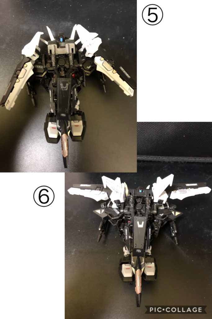 ⑤ 可変ユニットを定位置に移動。

⑥ ウイングを定位置にし、外した武器を設置する。
可変機「ノアール・ストライカー」完成！