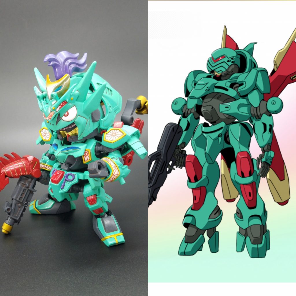 Gのレコンギスタに、1000年前に設計された黄色いガンダム顔の緑の機体 ネオドゥが登場した当時に“千生の系譜”として着想。特長的なシルエットを再現するために、頭部のバランスと武者アレンジには特にこだわって製作しました。 どうでしょうか?