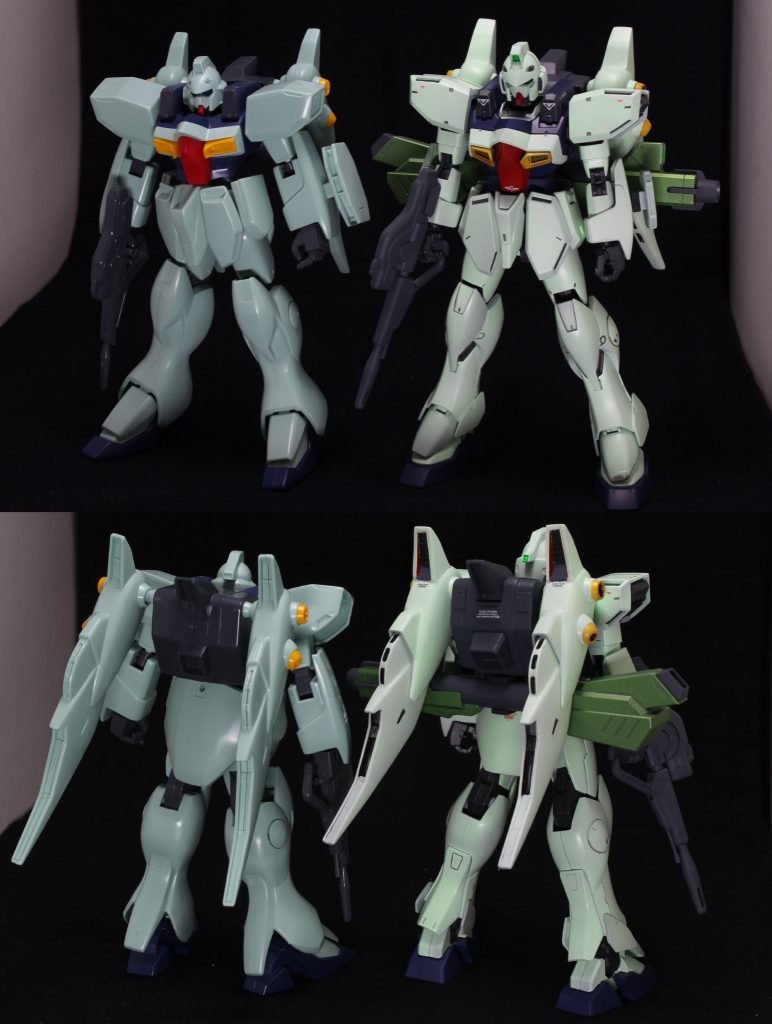 旧キットのガンブラスターとの比較。
旧キットはプロポーションがとても良い。REとは顔の大きさや肩のバランスが若干違うんですね。
移植に当たってツインテールの改修は割と頑張りました、全体的に大型化、バーニアのディテールをシャープに深くして、だるだる気味なところをシャキッと見せるようにしました。