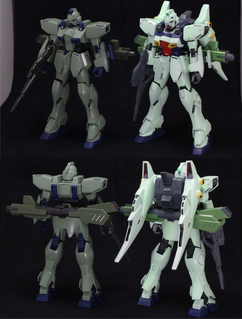 REガンイージの素組との比較。
色調の違いはもちろん、ツインテールユニットのボリュームで迫力が増しています。
地味なところですが肩部バーニアをディテールアップパーツに変更して大型化しました。
また、細かいところではリアアーマーの形をアニメ準拠に改良しています。