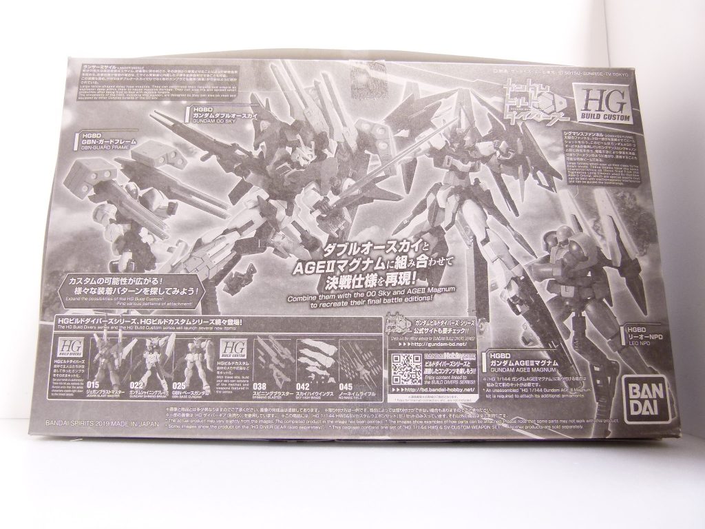 【武装データ】キット種別：ＨＧＢＣ（ハイグレードビルドカスタム）発売：2019年1月価格：1200円（税抜き）関連ガンプラ：HGBD ガンダムダブルオースカイ（HWSが対応。ハイヤーザンスカイフェイズでも対応）HGBD ガンダムダブルオースカイHWS（トランザムインフィニティーモード）（成形色を変更したHWSが付属）HGBD ガンダムAGEIIマグナム（SVユニットが対応。組み立て前の本キットと組み合わせて最終回仕様のAGEIISVを再現）HGBD ガンダムAGEIIマグナム　SVVer.（成形色を変更したSVユニットが付属）HGAGE Gバウンサー（ティエルヴァ作成の早道になるかも？）