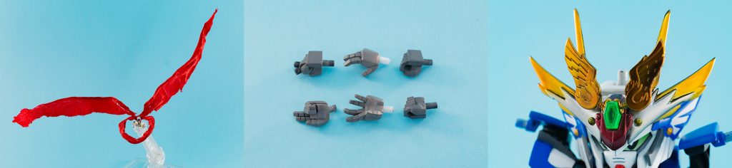 ■その他
左…マフラーは水で薄めたボンドにティッシュを浸し、乾燥後に園芸用の細い針金を仕込みスプレーで塗装しています。
中央…手首は通常の握りこぶしの他に平手・印を結んだ手首・クナイを持った手首を作成。
右…角飾りを始め一部のパーツは金を光沢強めにしており「市販のBB戦士であればここはメッキだろう」という想像を元にパーツを選びました。