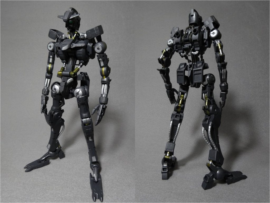 まずはガンダムフレームから。本体をメカサフヘビー+シルバー+ブラック、シリンダーをラフゴールドで塗装後、細部をエナメルのシルバーで筆塗りしました。やはり、細かいところまで塗り分けると見栄えが格段に良くなりますね。あと、写真撮ってから気づいたんですけど、胸の金色塗るの忘れてました。装甲を付けると隠れるところなので、今回は怠けて塗り足すのはやめました(笑)