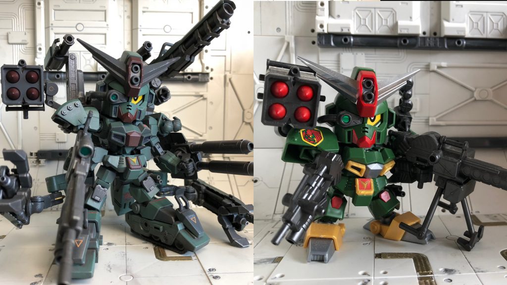 元のキットとの比較画像です。すくすくと巨大化してしまいましたね……。
塗装は一部配色を変え、色味もリアルっぽい感じに調色、AFVモデルを塗る時のように、サフ→グレー→基本色の順でグラデーションをつけながらエアブラシで吹いています。
塗り分けも股間のV以外はマスキングせず、エアブラシの細吹きでやってみました。
デカールを貼り、フラットクリアーでコートした後にエナメル塗料でスミ入れ、ウォッシング。最後に控えめにドライブラシとチッピングをして終了です。