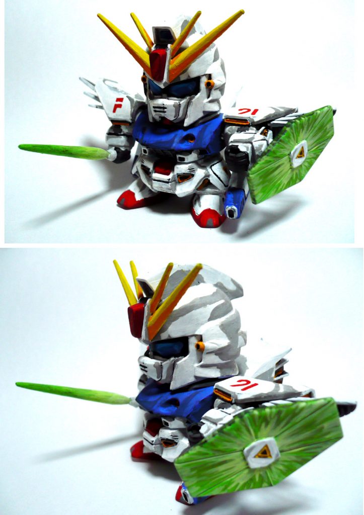 HGUCのF91はモノアイがグリーンでしたが
コチラは設定画、BB戦士パッケージイラスト通りのブルーで塗っています。
ノーマルカラー版はビームシールド等にも色を付けましたが
ビームサーベルがネギにしか見えません。塗った本人ですけど。