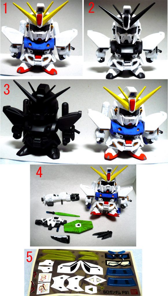 1と2は配置が逆になってしまいましたが
黒サーフェイサーを噴いた上に白を塗ったモノクロ状態が2。
3は残像の1体のベースになる黒サフ状態とメインカラー版。
4はメインカラーの色分け塗装をした状態ですね。
まだ影色を入れてません。
残像側には影色を入れていない…どころか
グレーの塗り分けもせずに画像撮影しました。
どうせ、黒背景と同化するだろうな~と思ったので…(手抜きです)
5・付属のシールを切り抜いて
「モノアイ」「F」「91」「腰の予備ビームシールドの三角」部分の
マスキングに使いました。
「9」と「1」の文字が近すぎたので若干隙間を作りました。
実は元々はHGUCのF91で質量を持った残像を再現しようと
HGUCのF91を2体、更に限定版の残像クリアイエロー版も用意したのですが
バンダイ・ホビーサイトにてSDガンダムの再販があったのを偶然知って
SD・BB戦士のF91を3体用意する事が出来たのです。
実際に塗ってみて思った事は
HGで無くSDで試してみて良かったな~と思いました。
同じガンプラを3体同時進行で作り、塗るのは精神的に大変だったので…
最後までご覧いただきありがとうございました。
