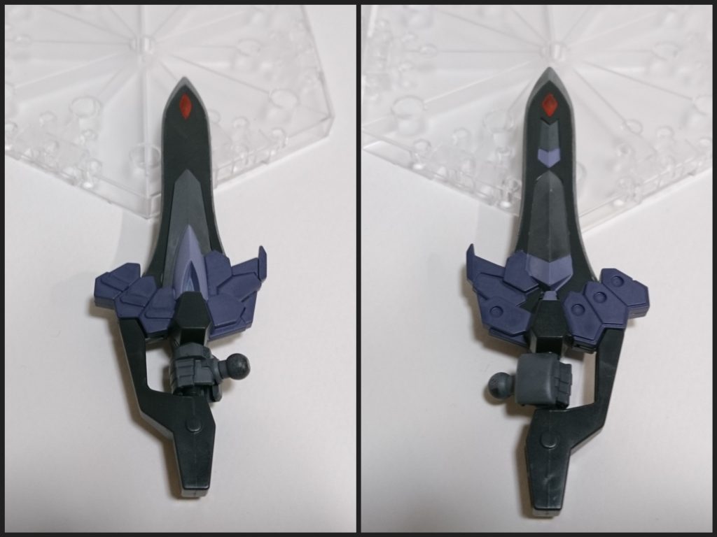 [マグナムソード]
グレー、メカグレー中心に塗り分け。薄目のパープルはホワイト＋メカグレーで調整。刃部分はシルバー、先端の装飾部はメタレッドです。