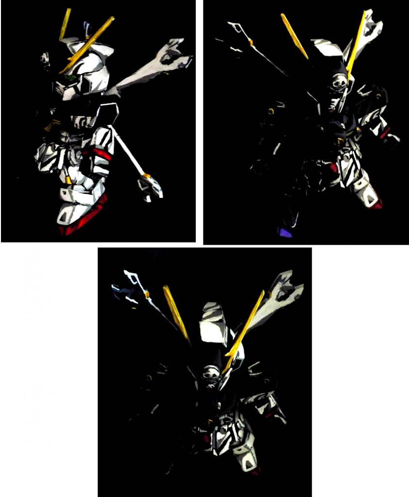 いつもの通りに黒背景で撮影しました。光をかなり遮断しています。
影色のX2側は背景の黒布と同化して全く見えなくなります。
一応、右側からも撮影したのですけど…
真っ暗な写真なだけなので紹介は控えます(笑)