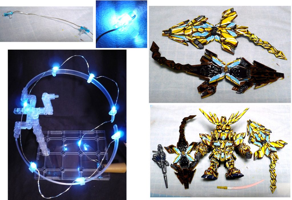 準備したもの一覧です。
コトブキヤ・プレイングベース
ダイソー・LEDライト (LED白色8球 LR44ボタン電池3個必要)
ダイソー・透明おりがみ クリアブルー使用
SD(BB戦士)フェネクス イラスト風塗装
透明おりがみクリアブルーを小さく筒状にして
プレイングベースの丸穴アームに刺し込み、そこにLEDライトを通します。(左上画像)
これでブルーに発光してくれるので(右上画像)
プレイングベースに繋げました(画像3枚目)
プレイングベースの丸穴アームは6個しかなく
LEDライト(8灯)が2個余ります。
プレイングベースをもう1セット買えば対応できましたね。
前回紹介したモノからアームドアーマーDEのスタビライザーを延長しました。
スタビライザー2ブロック×3個をネオジム磁石・マグネットセッターで繋げています。
縦方向には可動しませんが横にはスライドして動きます。