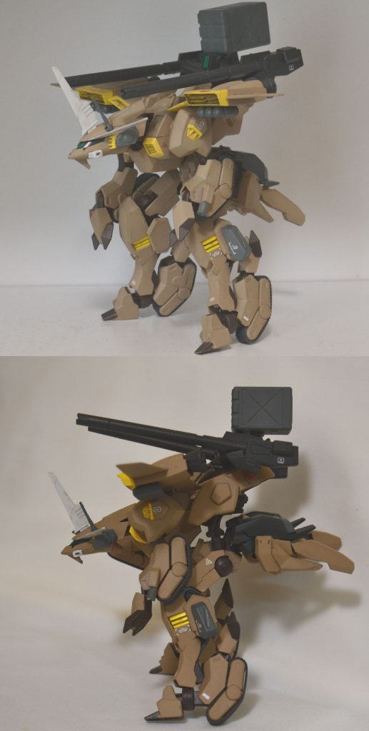 ■1．立位モード
下半身はガンダムフラウロスを使用しました。
ガンダムフレームを利用して腰部が90度前にせり出た状態です。
上部の箱はミサイルランチャーです。（EZ-SR）
頭部にジェスタのアンテナとカメラ？を左側に逆さにつけてディテールアップしています。