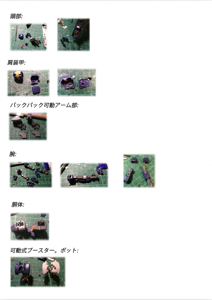 合わせ目処理:
頭部:顔の接続方法を変更することで,面部の合わせ目を問題なくて消える事を出来ます.
肩装甲:パーツ分解でセメントを流した後,また組合出来るように改修しました,プラバンで接続点を作って,完成の時は瞬間接着剤で接着する
バックパック可動アーム部:パーツを分解することで,全体にセメントを流せずとも,合わせ目を消える.
腕:頭部と似て,パーツの接続方法を変更することで,各部の合わせ目を問題なくて消える事を出来ます.
可動式ブースター。ポット:オプションパーツとして合わせ目を改修する.