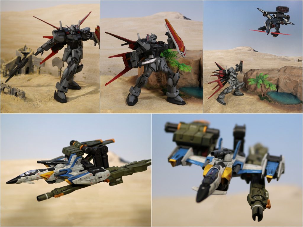 フェイズシフトダウンに陥ったストライクはライフルを捨て、アーマーシュナイダー(HGには付属しないので代替のダガーですが^^;)で、バクゥを迎え撃つ。そのピンチに支援に向かうスカイグラスパー。