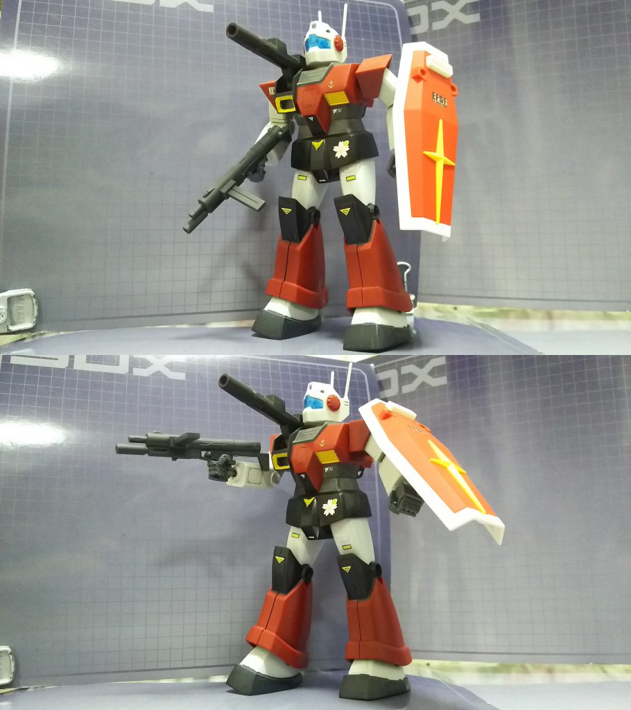 アクション
……関節無改造の旧キットゆえこんなもんです。
シールドは手持ちでなく左前腕に接続しています。