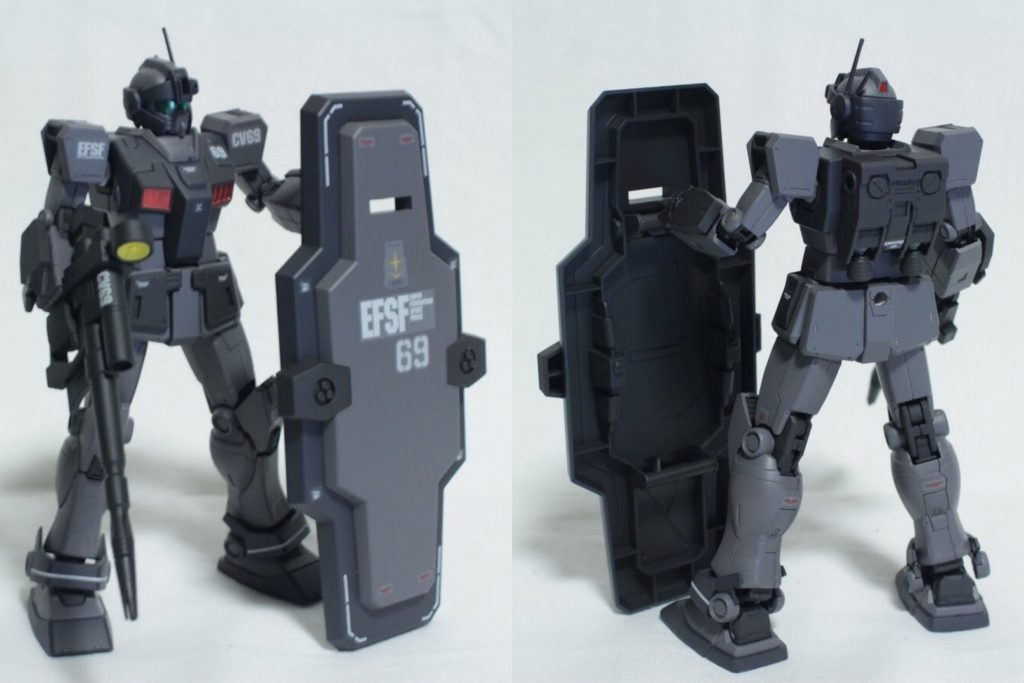 ## 前後写真
デカールがだいぶ浮いてますが友人がガチモデラーじゃないのと時短で仕上げたのでご愛嬌ということで。
でかい盾が最高にイカしますね。