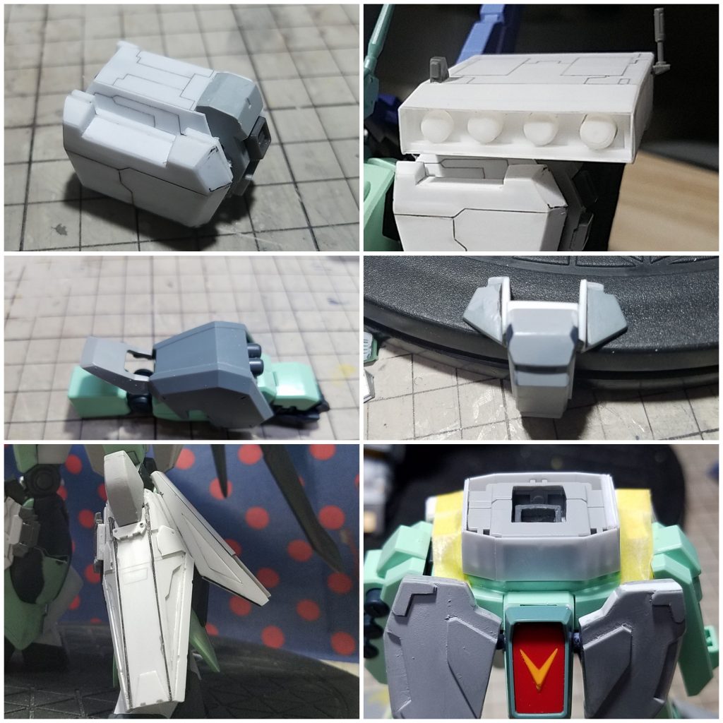 肩アーマーは自作してます
ミサイルポッド:プラバンとプラボウで自作
腕部:ジェスタの肩アーマーをミサイルカバーに変更
胸部:余剰パーツで、なんとなく製作
脚アーマー:プラバンで自作、ガンタンクのキャタピラーを止め金具とした
胴体:5ミリ延長してます。関節が一ヶ所増えてます。全体的のバランスが良くなったと思いました