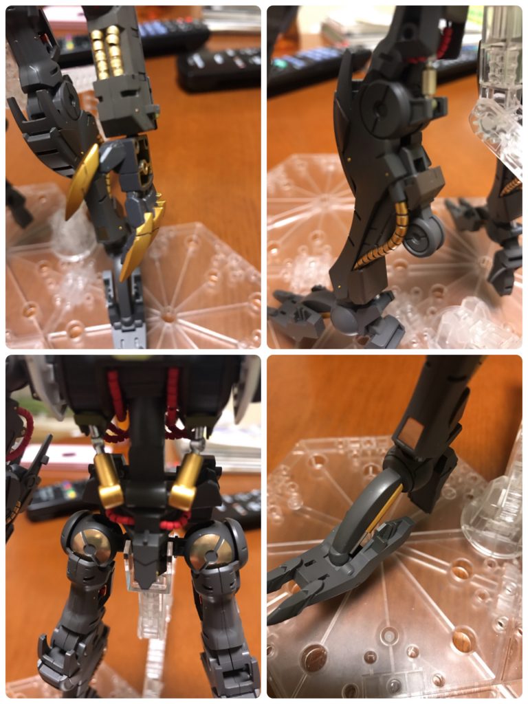 爪を尖らせ(足爪も)、フレーム各部にはリベットのようにゴールドをあしらっています。
太腿の付け根はキットのシールの出来がいいと感じたので、そのまま使用しました。
踵、アキレス腱のシリンダーも作り直しています。