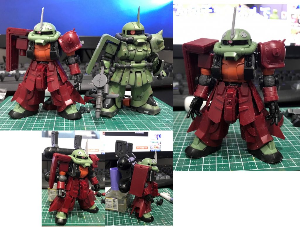 全体のバランスチェックを過去作で確認。
大きさ的にも特に問題なかったため、腕の短縮に入りました。
色分けのことも考え、腕の関節部分ギリギリでカットし手首部分を接着。
結構関節が鑑賞してたため、関節の見えない部分を削り込みをしました。
バックパックを装着すると予測通り、自立不可能 \(^o^)/