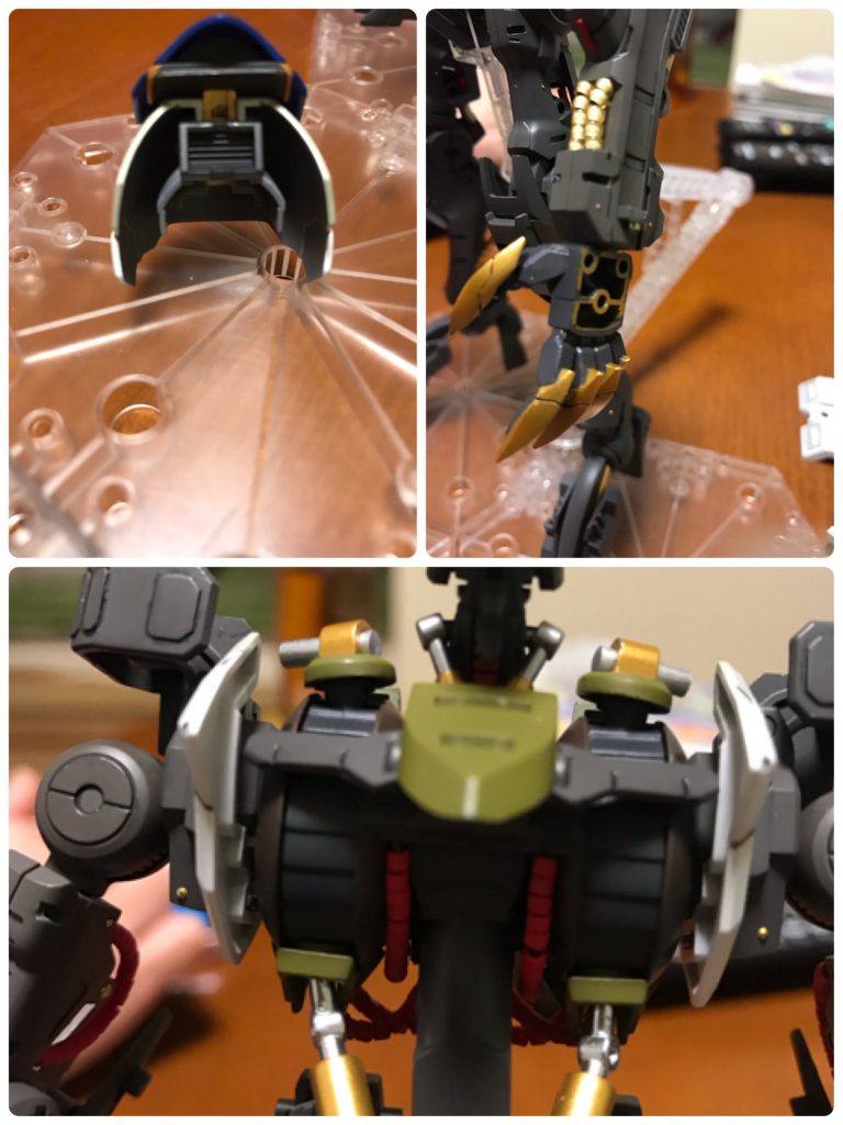 肩アーマーの組み立てピンが丸見えなのでプラ板で裏打ち、腕部200mm砲を再現しました。
鎖骨のシリンダーは作り直したのですが、折角の可動範囲が制限されてしまいそうなので、肩フレームとの接続は断念しました。