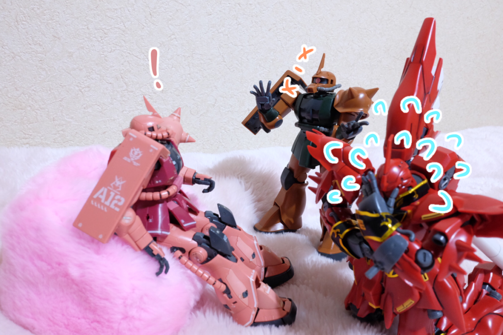 ガル:いやあ良かったね、後は二機で楽しく話すといいよ!
赤ザク:貴様!  逃げるつもりか!
