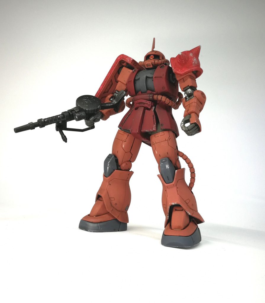 初めてリアルタッチマーカーを使い汚しを施しました。
ラフに全体を太字の筆先で塗りまくり、窪みまで塗り込み、ティッシュでふき取るといい具合に汚し表現できました。平面は強めにふき取り、窪みや端っこは軽めにふき取り。
　
　・ピンク系→ブラウン
　・他→ダークグレー

あとシルバーでキズ表現しています。