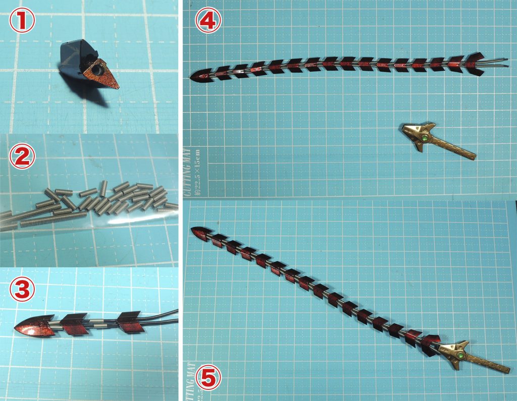 *①*角節の穴の口をごく浅くφ1.5mm強まで削って広げます。
*②*WAVEのA-SPRING NO-1.5を買ってきて約8mmの長さにカット。
　2本だけ現場合わせで長いものを用意。
　NO-1.5は外形1.5mm、内径1.1mmなので
　ビーストマスターソード付属リード線にそのまま被せられます。
*③*キット通りに組み立てながら節ごとにスプリングも挿入していきます。
*④*全部組み立てて最後に長めのスプリングを填めます。
*⑤*最後にグリップに填め込んで完成。
　グリップの中の空洞にプラ材を幾つか貼り込んで
　差し込んだワイヤーがちょっとした抵抗で外れないようにしてます。

他には、グリップに宝石（宝珠？）を追加してます。
セリアのUVレジン液を固めたレンズ状パーツを作って塗装してから貼り付け。
気泡も取りやすいし、塗装したら透明度もそこそこ。
ハイキューパーツのレンズには及びませんが、
常にヒケのあるHアイズよりは簡単に綺麗になります。
ヒヒイロカネって設定なので塗装はハーレクインの鎌と同じくメタリック地の蛇紋塗装。
　
　
　
　
　
*◆スタビライザーの固定*