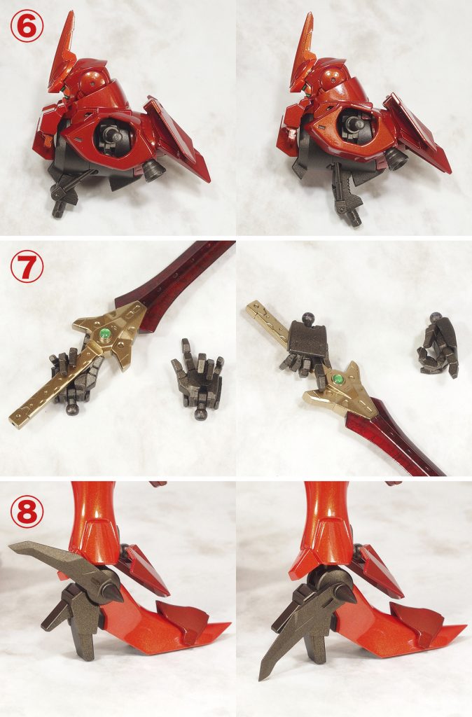 *⑥胴の前後スイング*
お腹を切除してバルバトスのフレームを無理矢理組み込み。
前後スイング出来るようにしました。
両脇のシリンダーは伸縮はしませんが胴のスイングに合わせて追従可動します。
*⑦手首*
ビルドナックルズのL･･･を使ったと思う。
指に0.5mm真鍮線を刺しながら角度を変更して表情付け。
グワシになる寸前という感じのちょっとクセのある表情になりました。
剣を保持しやすいように親指の付け根部分の厚みを増やしました。
*⑧かかとのアイゼン*
今回はパーツ構成の都合でたまたま可動式になりました。
シリーズ初の可動アイゼン。
　
　
　
　
　
*◆センサーなど*