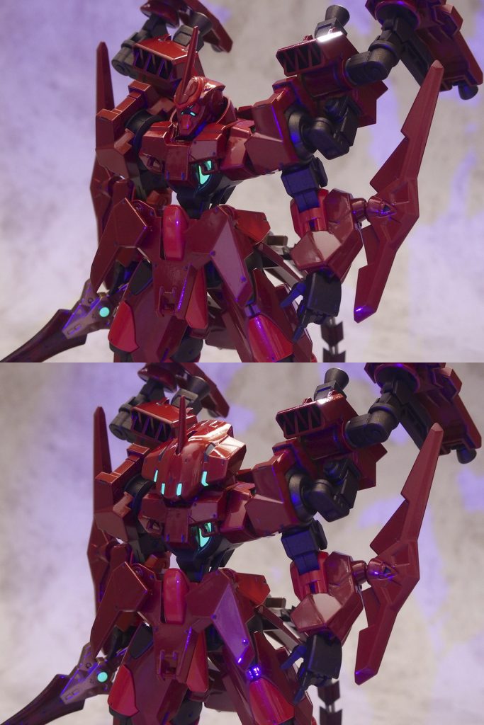 いつも通り蛍光塗料で上塗りしてるんですが、
最近ブラックライトを買ったので発光させてみました。
　
　
　
　
　
ベースが旧キットなので派手なアクションポーズは難しいです。