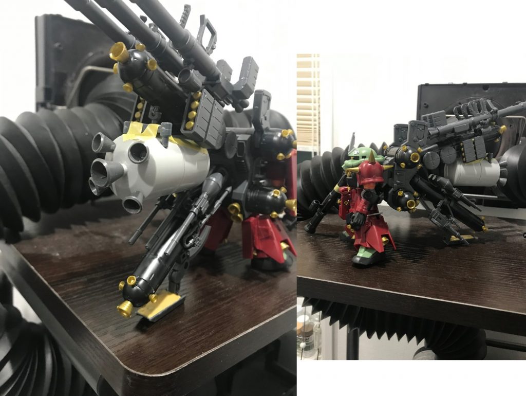 やはりサイコザクと言ったら、大型ブースター!
これを付けないとかありえないと思い、ジャンクなプロペラントタンクをボールジョイントで固定!
このごちゃごちゃ感がたまらないw