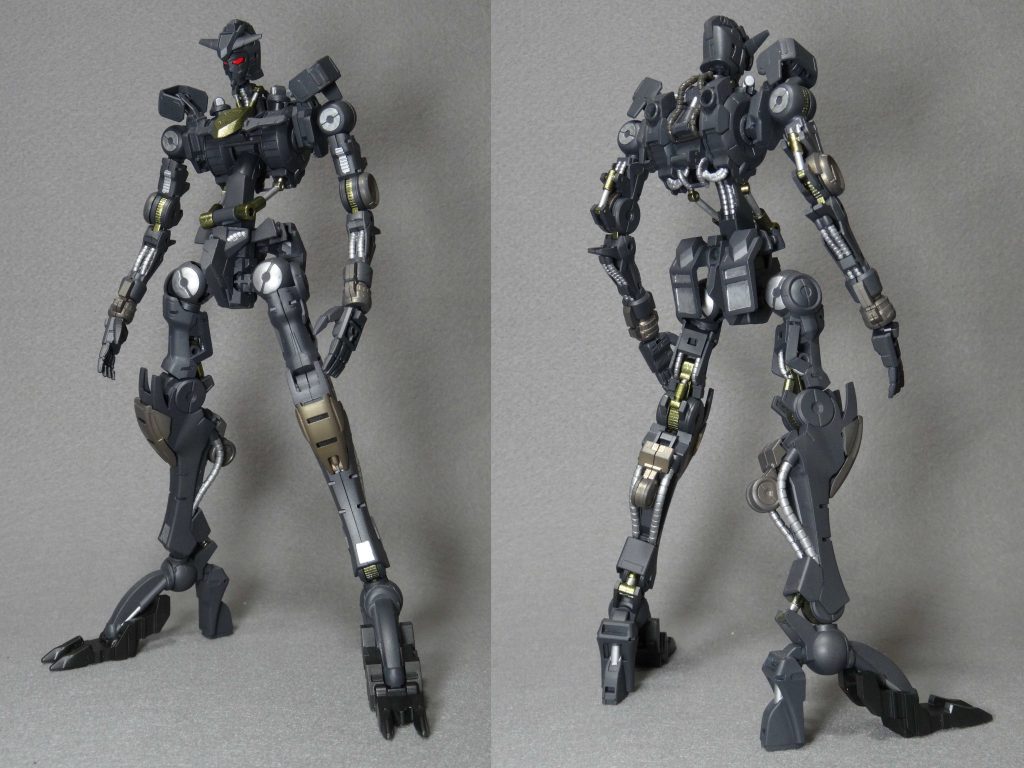 まずはガンダムフレームから。胴体付け根で5mm程延長、腕の付け根でアーマーの厚さを増す関係で3mm程オフセットしています。また、股関節の横ロール軸で2mm程延長しています。塗装についてはルプスで追加された部分で色を変えています。細かい塗り分けは筆塗で対応しています。