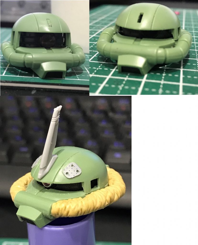 まずはSDCSのザクの頭をベースにしました。
そのままだと少し縦長の顔になっているため、内部のモノアイ部分を少しカットしました。
それに伴い、上部のパーツも少しカットし、ちょい悪ザクの面構えにしました。
細かなディティールを追加し、パイプ部分はいろいろ考えた結果エポパテで造形しました。