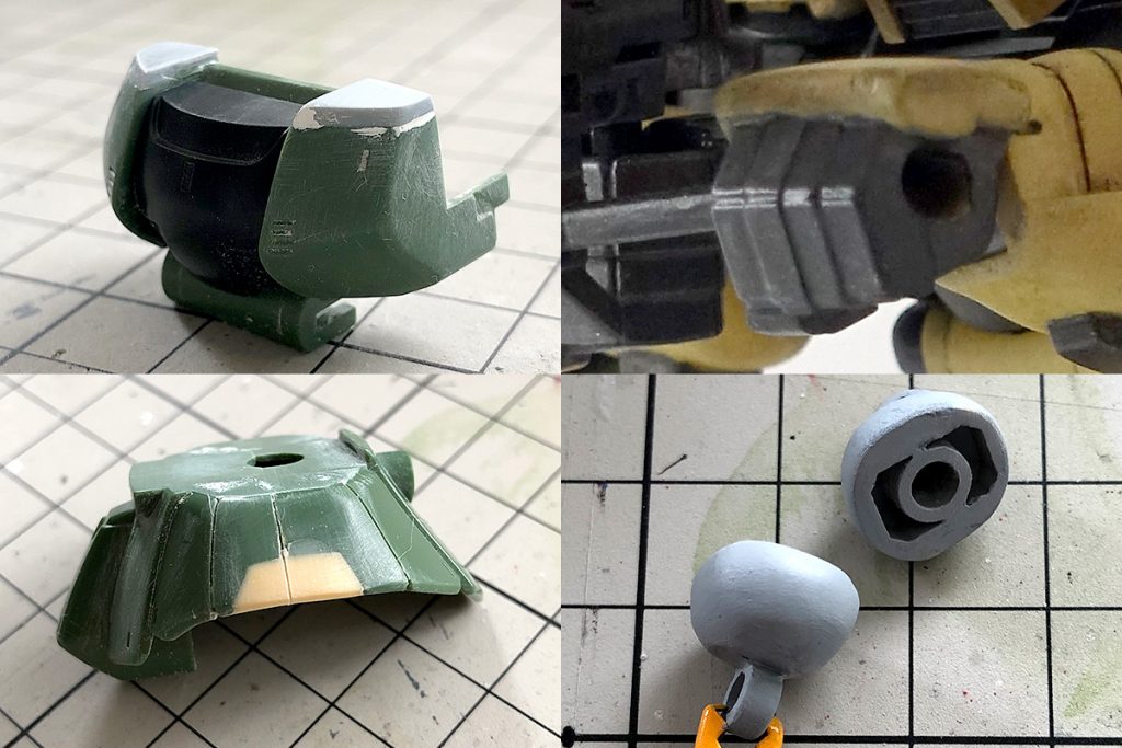 胸部はプラ版を貼って上方向に延長して頭部との隙間を狭めました。
手首は外側に大きな肉抜きがあったのでパテで埋めてから整形。
腰サイドアーマーは前後と高さを揃えるように変更。
フレーム丸出しだった太腿はパテを盛って丸く、太く変更。