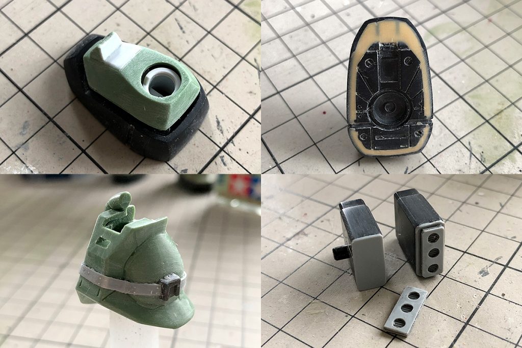 足の甲の隙間と足裏の肉抜きはプラ版とパテで埋めました。
脚部ロケット砲の固定ベルトはプラ版を接着剤で溶かしながら脚に巻き付けて作成。
ロケット砲の後ろ側が空洞だったのでプラ版でそれっぽいパーツを作って塞ぎました。
あと写真は撮ってませんが、CSフレームの膝から下を2ミリぐらい短くして、足首周りだけSDフレームっぽいバランスにしてます。