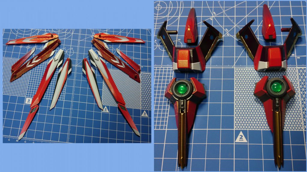 [ノーネイムライフル]
ドラグーン部…基本はレッド、ホワイト、ファントムグレーで塗り分け。
表面はシャアレッド、シャアピンク、ホワイトを使いグラデーションを施しました。
裏面はレッド→メカグレー→レッドと重ね塗り。暗めの赤になりました。

アーマー部…サブアーム同様に暗めの紫(レッド→ファントムグレー)で配色。先端のグラデーションはレッド→グレーと重ね塗り。ホワイト、グレー、ゴールドを配色しました。