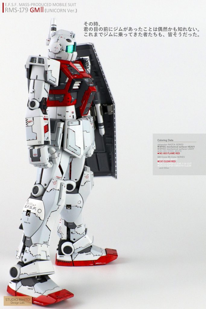 ■プロポーション
立ち姿はほどよいS字立ちとなるよう、若干プロポーションの調整を行っています。
特に、足首は内部で延長を施しているため、カトキ立ちでも接地面はきちんと接地します。

■ショルダー
ショルダーの２箇所の窪みディテールは丁寧に開口し、内部にプラ板を薄く削いで製作したフローティングフィンをインストールしました。
フローティングにすることで通常のしいたけディテールとは異なり、フィンの奥が覗けるのでリアリティが増します。