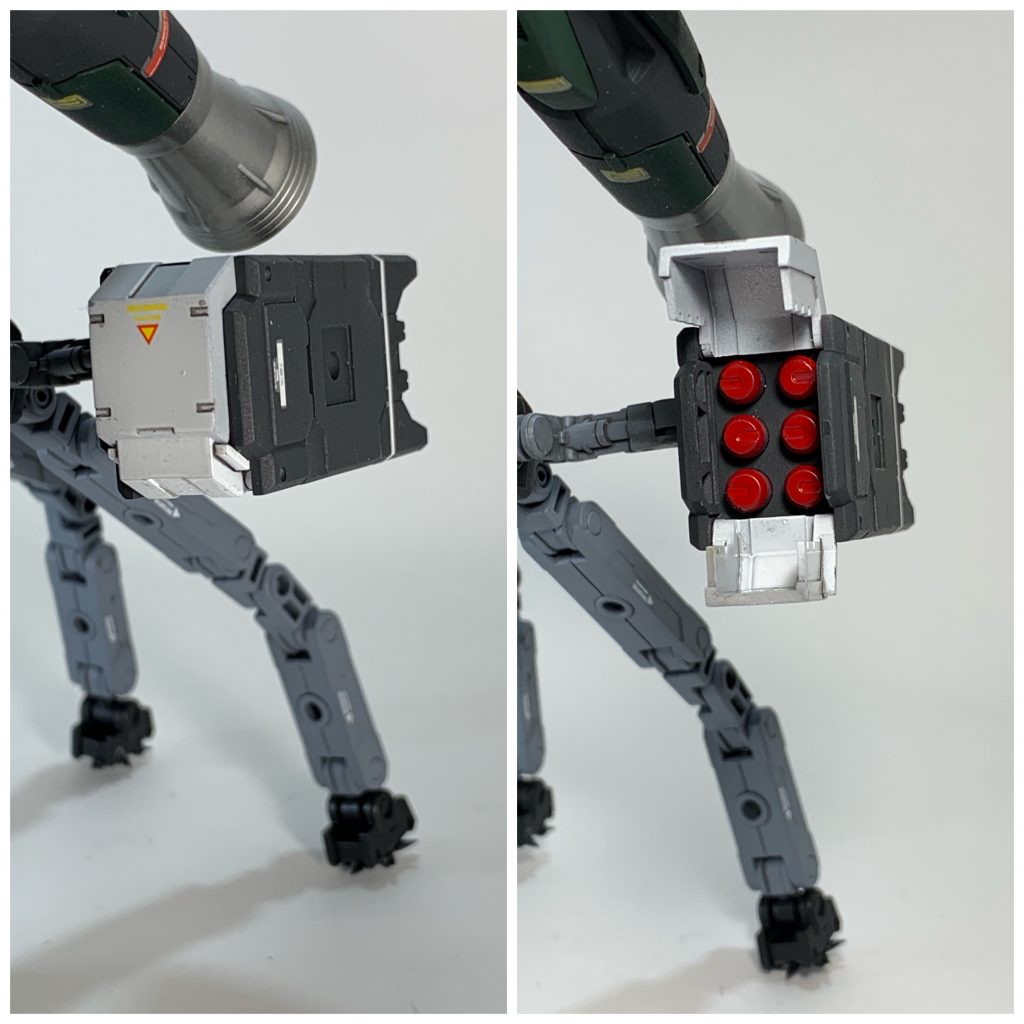 6練ミサイルポッド
バンパーアーム基部に2基装備。レールキャノンの牽制や迎撃に使用。弾切れの際はパージされる。
コトブキヤのレドーム&ミサイルポッドをほぼそのまま使用。