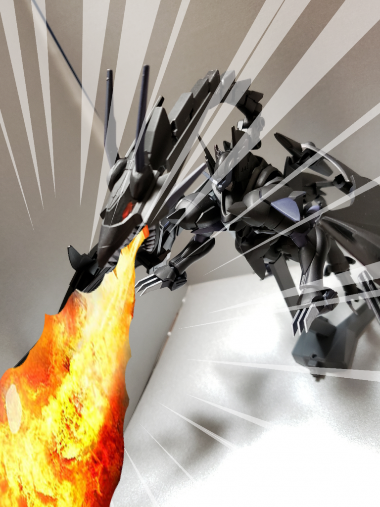 いくぜぇ！ダークメガフレア！！
カラーリングは黒とダークブルーのツートンカラーで落ち着いた感じで仕上げてみました。ちなみに今回初めてのガンダムマーカーエアブラシシステムを使っての塗装だったので手こずりました(^-^;