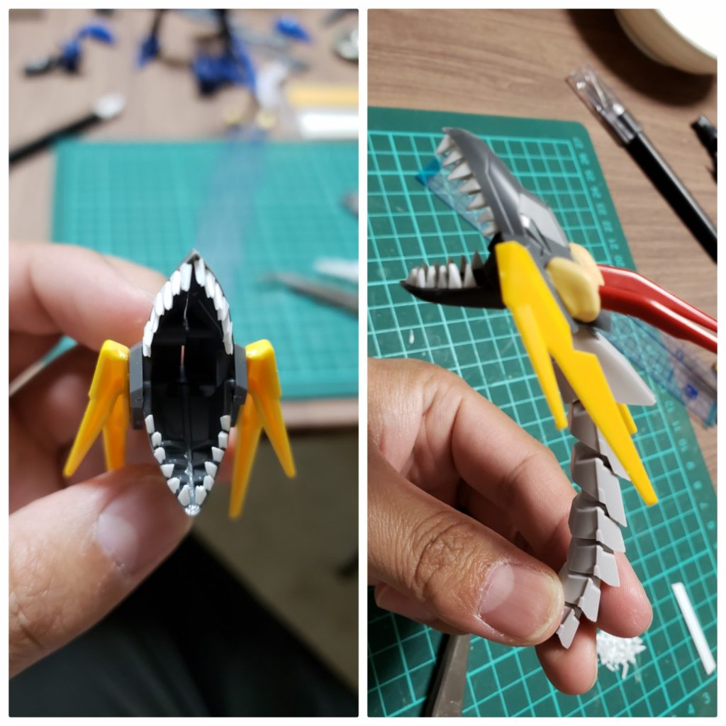 竜の牙を何で表現しようか悩んでフォロワーの方々からアドバイスを頂いた所プラ版で作成してみましたがなんとか上手くいきました(´∀｀;)
ちなみに竜の首はリバーシブルガンダムのパーツを使ってます。