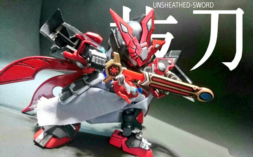 ○武者-天神剣02 何故かTwitterで妙にRTされた抜刀ポーズ。可動域を広げたことで一番嬉しいのは開脚の距離が広がった事ですね。ただ立つだけでもかなり違うような気がします。刀身はガンダムメタレッドで塗装。